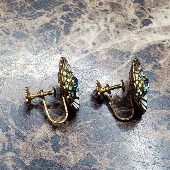 CORO Aqua Rhinestone Screw Back Earrings - Picture 8 of 8